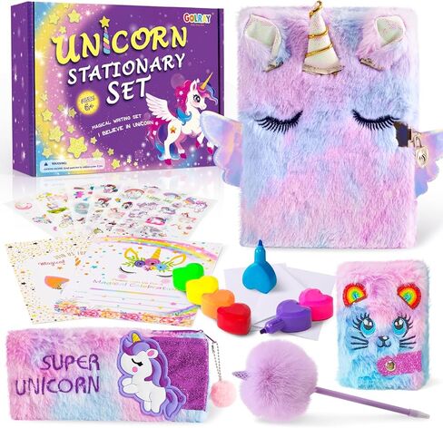 Golray Unicorn Diary for Girls with Lock and Keys, Kids Unicorn Journal for Girls Diary, Plush Notebook Key Chain Stickers, Cute Stationery Stuff, Unicorn Toys Birthday Gift for Girls Age 6 7 8 9 10 in Saudi Arabia