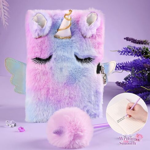 Golray Unicorn Diary for Girls with Lock and Keys, Kids Unicorn Journal for Girls Diary, Plush Notebook Key Chain Stickers, Cute Stationery Stuff, Unicorn Toys Birthday Gift for Girls Age 6 7 8 9 10 in Saudi Arabia