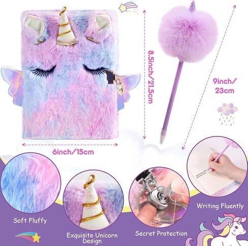 Golray Unicorn Diary for Girls with Lock and Keys, Kids Unicorn Journal for Girls Diary, Plush Notebook Key Chain Stickers, Cute Stationery Stuff, Unicorn Toys Birthday Gift for Girls Age 6 7 8 9 10 in Saudi Arabia