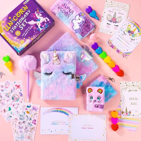 Golray Unicorn Diary for Girls with Lock and Keys, Kids Unicorn Journal for Girls Diary, Plush Notebook Key Chain Stickers, Cute Stationery Stuff, Unicorn Toys Birthday Gift for Girls Age 6 7 8 9 10 in Saudi Arabia