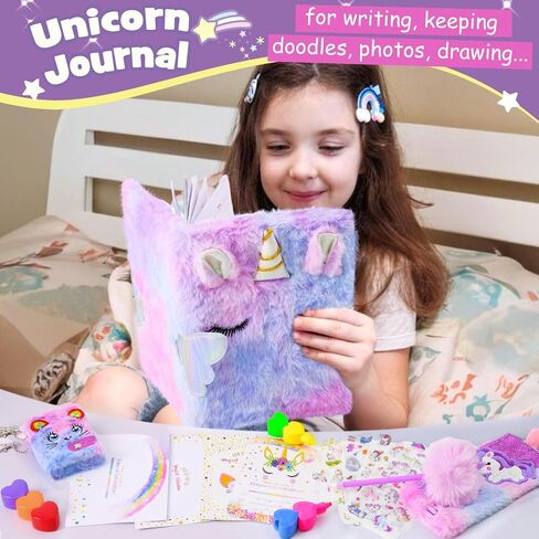 Golray Unicorn Diary for Girls with Lock and Keys, Kids Unicorn Journal for Girls Diary, Plush Notebook Key Chain Stickers, Cute Stationery Stuff, Unicorn Toys Birthday Gift for Girls Age 6 7 8 9 10 in Saudi Arabia