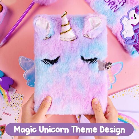 Golray Unicorn Diary for Girls with Lock and Keys, Kids Unicorn Journal for Girls Diary, Plush Notebook Key Chain Stickers, Cute Stationery Stuff, Unicorn Toys Birthday Gift for Girls Age 6 7 8 9 10 in Saudi Arabia
