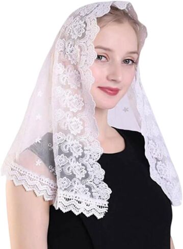 Chapel Veil Floral Lace Head Cover Catholic Mass Face Covering Soft Scarf Mantilla Veils for Women Church (White) in Saudi Arabia