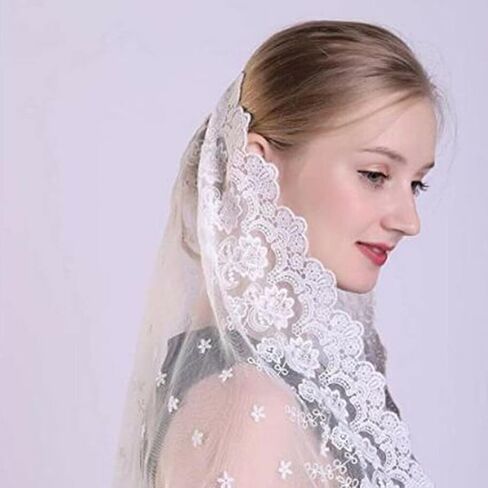 Chapel Veil Floral Lace Head Cover Catholic Mass Face Covering Soft Scarf Mantilla Veils for Women Church (White) in Saudi Arabia
