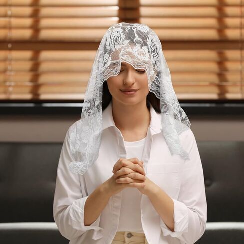 Chapel Veil Floral Lace Head Cover Catholic Mass Face Covering Soft Scarf Mantilla Veils for Women Church (White) in Saudi Arabia