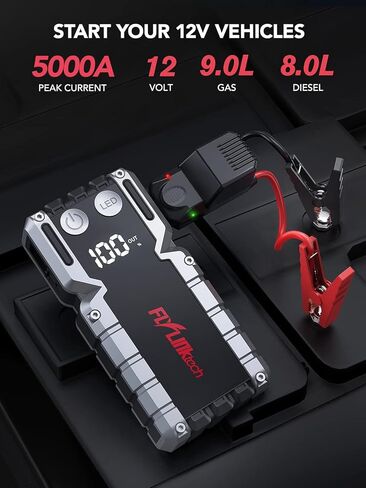 بطارية السيارة FLYLINKTECH 5000A (ما يصل إلى 9.0 لتر غاز أو 8.0 لتر)، حزمة بطارية محمولة للسيارة، صندوق القفز 12 فولت مع كابلات القفز الآمنة، شحن سريع 3.0، أضواء، شاشة LCD in Kuwait
