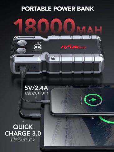 بطارية السيارة FLYLINKTECH 5000A (ما يصل إلى 9.0 لتر غاز أو 8.0 لتر)، حزمة بطارية محمولة للسيارة، صندوق القفز 12 فولت مع كابلات القفز الآمنة، شحن سريع 3.0، أضواء، شاشة LCD in Kuwait