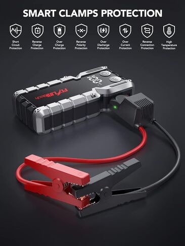 بطارية السيارة FLYLINKTECH 5000A (ما يصل إلى 9.0 لتر غاز أو 8.0 لتر)، حزمة بطارية محمولة للسيارة، صندوق القفز 12 فولت مع كابلات القفز الآمنة، شحن سريع 3.0، أضواء، شاشة LCD in Kuwait