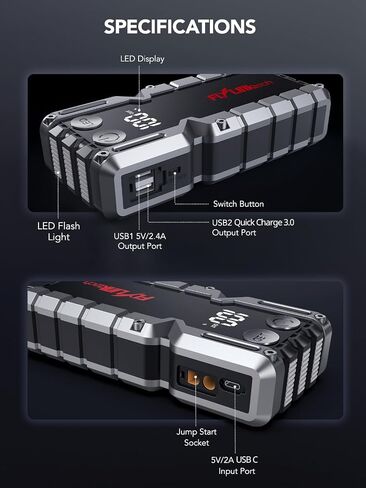بطارية السيارة FLYLINKTECH 5000A (ما يصل إلى 9.0 لتر غاز أو 8.0 لتر)، حزمة بطارية محمولة للسيارة، صندوق القفز 12 فولت مع كابلات القفز الآمنة، شحن سريع 3.0، أضواء، شاشة LCD in Kuwait