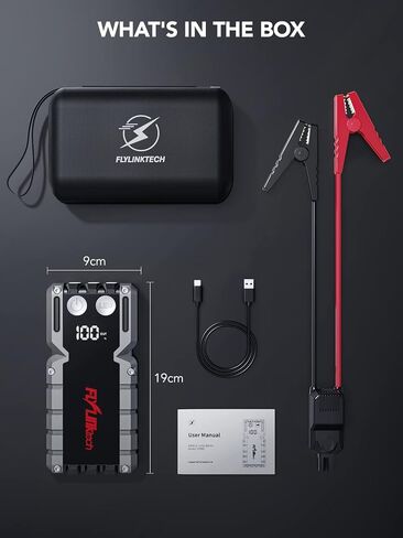 بطارية السيارة FLYLINKTECH 5000A (ما يصل إلى 9.0 لتر غاز أو 8.0 لتر)، حزمة بطارية محمولة للسيارة، صندوق القفز 12 فولت مع كابلات القفز الآمنة، شحن سريع 3.0، أضواء، شاشة LCD in Kuwait