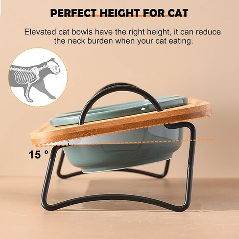 Elevated Cat Bowls, Raised Cat Bowl for Indoor, Small Dog Food Bowls for Puppy Whisker Friendly Tilted Dishes with Metal Stand, Protect Pet's Spines Bowl with Handle (1 Set 2 Bowls, Wooden) in Kuwait