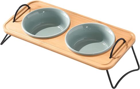 Elevated Cat Bowls, Raised Cat Bowl for Indoor, Small Dog Food Bowls for Puppy Whisker Friendly Tilted Dishes with Metal Stand, Protect Pet's Spines Bowl with Handle (1 Set 2 Bowls, Wooden) in Kuwait