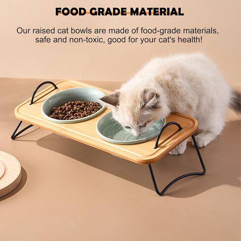 Elevated Cat Bowls, Raised Cat Bowl for Indoor, Small Dog Food Bowls for Puppy Whisker Friendly Tilted Dishes with Metal Stand, Protect Pet's Spines Bowl with Handle (1 Set 2 Bowls, Wooden) in Kuwait