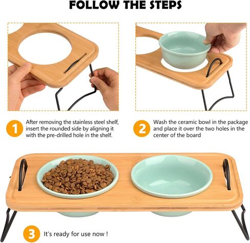 Elevated Cat Bowls, Raised Cat Bowl for Indoor, Small Dog Food Bowls for Puppy Whisker Friendly Tilted Dishes with Metal Stand, Protect Pet's Spines Bowl with Handle (1 Set 2 Bowls, Wooden) in Kuwait