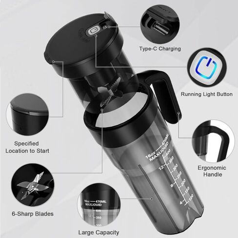 Portable Blender, Personal Blender for Shakes and Smoothies, 16 oz Personal Size Blender, Smoothie Blender with 6 Blades, BPA Free, USB Rechargeable, Juicer Blender with Straw, Black in Saudi Arabia