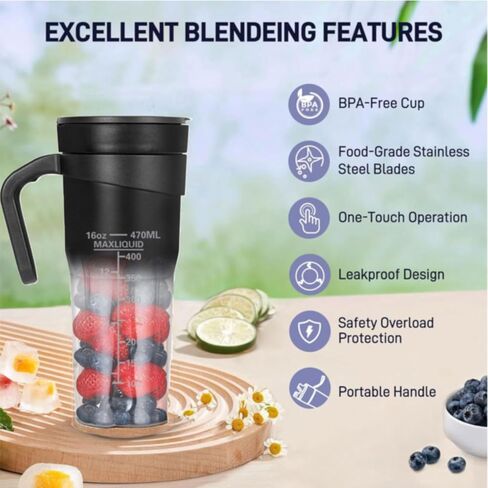 Portable Blender, Personal Blender for Shakes and Smoothies, 16 oz Personal Size Blender, Smoothie Blender with 6 Blades, BPA Free, USB Rechargeable, Juicer Blender with Straw, Black in Saudi Arabia