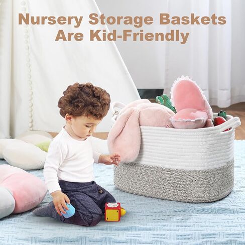 Cute Woven Basket With Handles,（15"x9.8"x9" Sturdy&Durable Baby Toys Basket,Nursery Bin,Dog Toy Basket,Dog Toy Bin,Dog Toy Box,Kindly for Baby,White and Brown ,1pack in Saudi Arabia