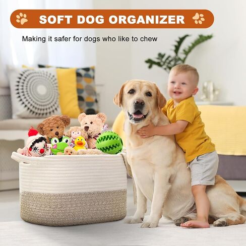 Cute Woven Basket With Handles,（15"x9.8"x9" Sturdy&Durable Baby Toys Basket,Nursery Bin,Dog Toy Basket,Dog Toy Bin,Dog Toy Box,Kindly for Baby,White and Brown ,1pack in Saudi Arabia