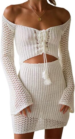 Yuemengxuan Women Crochet Knitted Cover up Dress Hollow Out See Through Knit Mini Dress Sexy Backless Bodycon Dress Beachwear (White-D, S) in Saudi Arabia