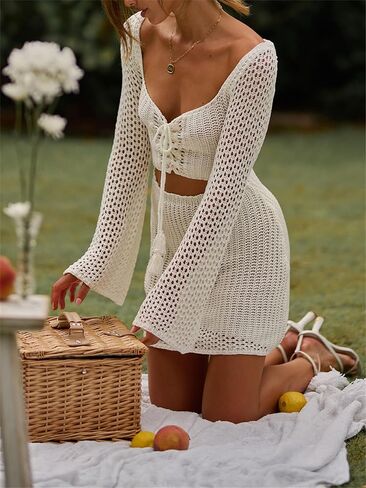 Yuemengxuan Women Crochet Knitted Cover up Dress Hollow Out See Through Knit Mini Dress Sexy Backless Bodycon Dress Beachwear (White-D, S) in Saudi Arabia