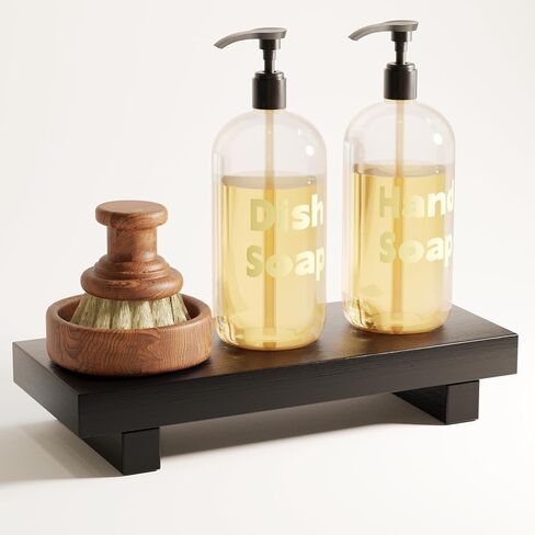 Kitchen Soap Tray Decor, Bamboo Pedestal Stand Risers for Display Decorative, Black Sink Tray for Kitchen Decor and Accessories, Dish Soap Holder Kitchen Counter Tray 8.7" x 3.5" x 1.6" in Saudi Arabia