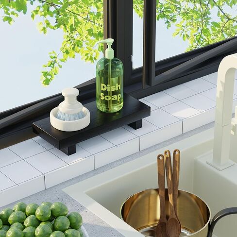 Kitchen Soap Tray Decor, Bamboo Pedestal Stand Risers for Display Decorative, Black Sink Tray for Kitchen Decor and Accessories, Dish Soap Holder Kitchen Counter Tray 8.7" x 3.5" x 1.6" in Saudi Arabia