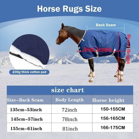 بطانية حصان 1200D مقاومة للماء، بطانة حشو قطنية دافئة 400 جرام، بطانية حصان ممتازة، بطانية متوسطة الوزن مقاومة للماء 78 بوصة، 145 سم (مناسبة للخيول بطول خلفي 55 بوصة) in Kuwait