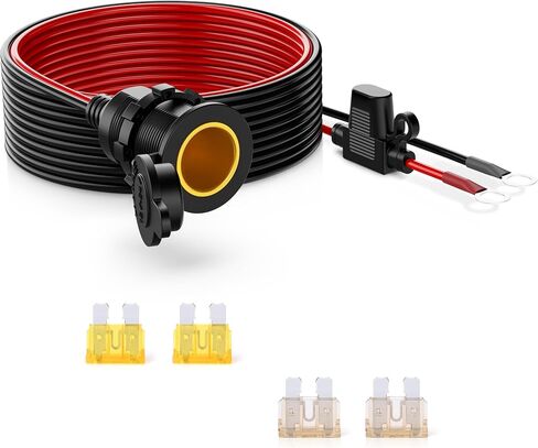 MICTUNING 12ft سيارة أنثى ولاعة السجائر التوصيل تمديد كابل 12AWG 12V 24V مع مقبس مترابطة إلى 0.33 "محطات العيينة الدائرية، سلك البطارية مع مضمنة بليد فيوز 25A 20A in Kuwait
