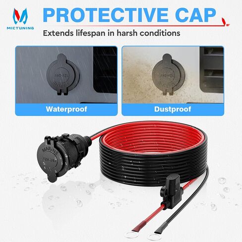 MICTUNING 12ft سيارة أنثى ولاعة السجائر التوصيل تمديد كابل 12AWG 12V 24V مع مقبس مترابطة إلى 0.33 "محطات العيينة الدائرية، سلك البطارية مع مضمنة بليد فيوز 25A 20A in Kuwait