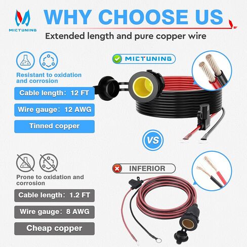 MICTUNING 12ft سيارة أنثى ولاعة السجائر التوصيل تمديد كابل 12AWG 12V 24V مع مقبس مترابطة إلى 0.33 "محطات العيينة الدائرية، سلك البطارية مع مضمنة بليد فيوز 25A 20A in Kuwait