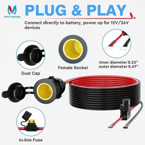 MICTUNING 12ft سيارة أنثى ولاعة السجائر التوصيل تمديد كابل 12AWG 12V 24V مع مقبس مترابطة إلى 0.33 "محطات العيينة الدائرية، سلك البطارية مع مضمنة بليد فيوز 25A 20A in Kuwait