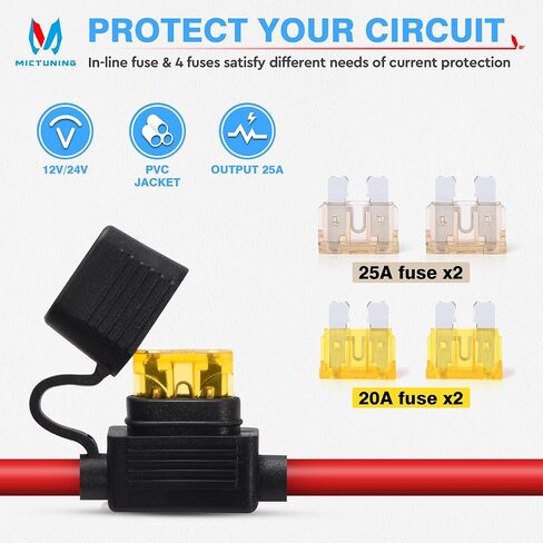 MICTUNING 12ft سيارة أنثى ولاعة السجائر التوصيل تمديد كابل 12AWG 12V 24V مع مقبس مترابطة إلى 0.33 "محطات العيينة الدائرية، سلك البطارية مع مضمنة بليد فيوز 25A 20A in Kuwait