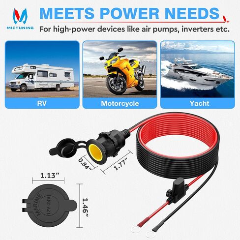 MICTUNING 12ft سيارة أنثى ولاعة السجائر التوصيل تمديد كابل 12AWG 12V 24V مع مقبس مترابطة إلى 0.33 "محطات العيينة الدائرية، سلك البطارية مع مضمنة بليد فيوز 25A 20A in Kuwait