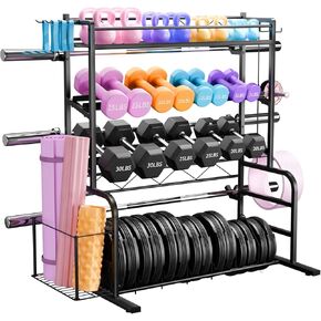 Upgraded XL Adjustable Weight Rack for Dumbbells - Barbell Holder Bumper Plate Storage Rack with 3 Olympic Bar Racks, Dumbbell Rack Weight Stand,Home Gym Storage Rack for kettlebells,Yoga Mat in Kuwait