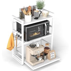 3-Tier Microwave Rack - Height Adjustable & Extendable Kitchen Shelf with Drawer - Made of Carbon Steel - Includes Hooks & Reinforcement Suction Cups, Baker's Rack (White) in Saudi Arabia