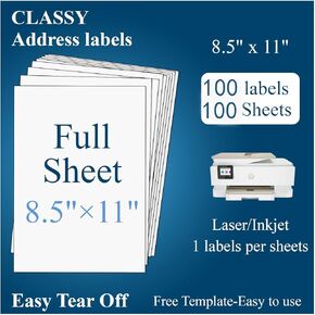 (100 Sheets, 100 Labels) Sticker Paper, 8.5" x 11" Full Sheet Shipping Address Labels, 1 Per Page Self Adhesive Mailing Label for Laser and Inkjet Printers in Kuwait
