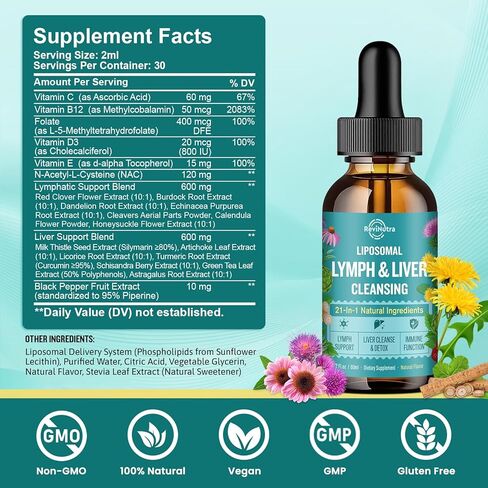 Liposomal Lymphatic Drainage Drops, Liver Cleanse Detox & Repair Liquid Supplement with Milk Thistle, Dandelion, Burdock Root & Echinacea - Lymph & Liver Detox, Antioxidant, Natural Flavor 2 Fl Oz in Saudi Arabia