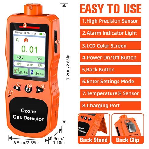 Portable Ozone Detector, 0-100 PPM Ozone Gas Monitor with 0.01 PPM High Resolution, 16H Long Battery Life, Ozone Meter with Alarm, O3 Air Quality Monitor with Temp & Humidity Tester, Orange in Kuwait