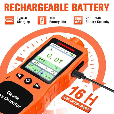 Portable Ozone Detector, 0-100 PPM Ozone Gas Monitor with 0.01 PPM High Resolution, 16H Long Battery Life, Ozone Meter with Alarm, O3 Air Quality Monitor with Temp & Humidity Tester, Orange in Kuwait
