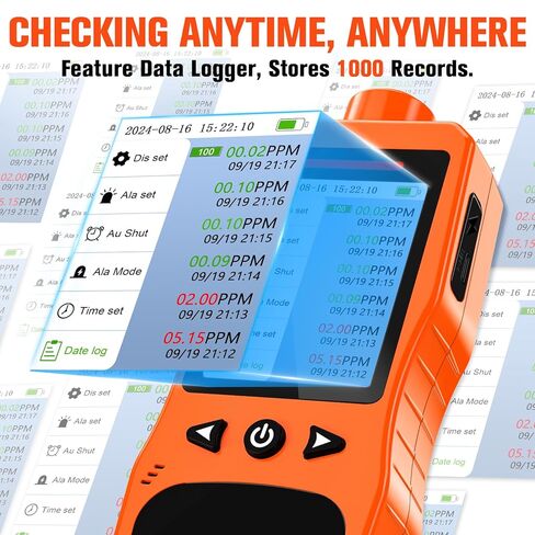 Portable Ozone Detector, 0-100 PPM Ozone Gas Monitor with 0.01 PPM High Resolution, 16H Long Battery Life, Ozone Meter with Alarm, O3 Air Quality Monitor with Temp & Humidity Tester, Orange in Kuwait
