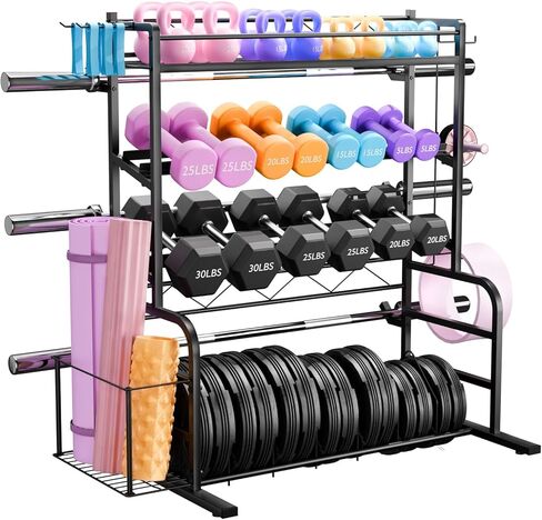Upgraded XL Adjustable Weight Rack for Dumbbells - Barbell Holder Bumper Plate Storage Rack with 3 Olympic Bar Racks, Dumbbell Rack Weight Stand,Home Gym Storage Rack for kettlebells,Yoga Mat in Kuwait