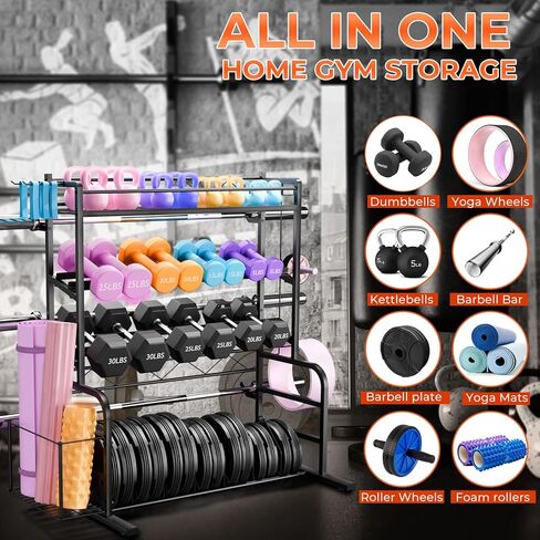 Upgraded XL Adjustable Weight Rack for Dumbbells - Barbell Holder Bumper Plate Storage Rack with 3 Olympic Bar Racks, Dumbbell Rack Weight Stand,Home Gym Storage Rack for kettlebells,Yoga Mat in Kuwait