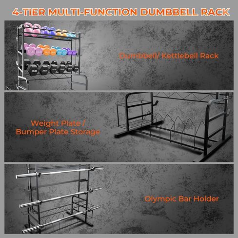 Upgraded XL Adjustable Weight Rack for Dumbbells - Barbell Holder Bumper Plate Storage Rack with 3 Olympic Bar Racks, Dumbbell Rack Weight Stand,Home Gym Storage Rack for kettlebells,Yoga Mat in Kuwait