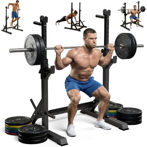 حامل رف القرفصاء قابل للتعديل، حامل حديد عالي التحمل بوزن 700 رطل مع محطة غمس ومقابض رفع، عرض قابل للتعديل لقضبان بطول 6 أقدام و7 أقدام و8 أقدام - بنية تحتية لتدريب القوة في صالة الألعاب الرياضية المنزلية in Kuwait