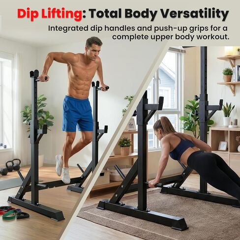 حامل رف القرفصاء قابل للتعديل، حامل حديد عالي التحمل بوزن 700 رطل مع محطة غمس ومقابض رفع، عرض قابل للتعديل لقضبان بطول 6 أقدام و7 أقدام و8 أقدام - بنية تحتية لتدريب القوة في صالة الألعاب الرياضية المنزلية in Kuwait