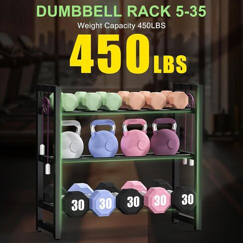 3 Tier Compact Adjustable Dumbbell Weight Rack, Heavy Duty Weight Storage Organizer with Side Hooks, Space-Saving Home Gym Rack for Dumbbells Kettlebells & Fitness Accessories, Sturdy Anti-Wobble Design, Easy Assembly in Saudi Arabia