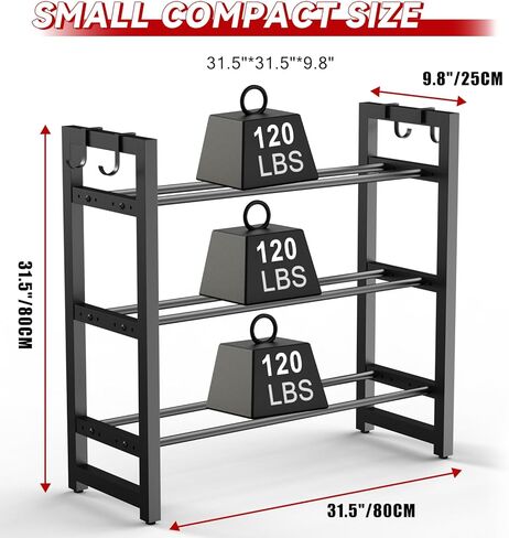 3 Tier Compact Adjustable Dumbbell Weight Rack, Heavy Duty Weight Storage Organizer with Side Hooks, Space-Saving Home Gym Rack for Dumbbells Kettlebells & Fitness Accessories, Sturdy Anti-Wobble Design, Easy Assembly in Saudi Arabia