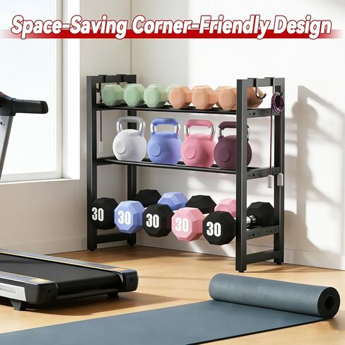 3 Tier Compact Adjustable Dumbbell Weight Rack, Heavy Duty Weight Storage Organizer with Side Hooks, Space-Saving Home Gym Rack for Dumbbells Kettlebells & Fitness Accessories, Sturdy Anti-Wobble Design, Easy Assembly in Saudi Arabia