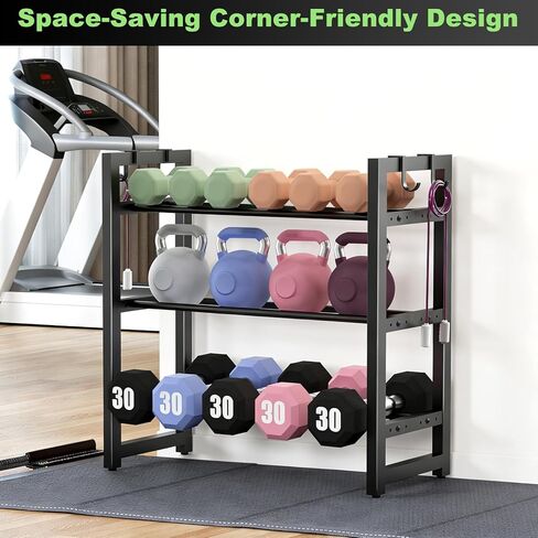 3 Tier Compact Adjustable Dumbbell Weight Rack, Heavy Duty Weight Storage Organizer with Side Hooks, Space-Saving Home Gym Rack for Dumbbells Kettlebells & Fitness Accessories, Sturdy Anti-Wobble Design, Easy Assembly in Saudi Arabia