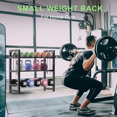 3 Tier Compact Adjustable Dumbbell Weight Rack, Heavy Duty Weight Storage Organizer with Side Hooks, Space-Saving Home Gym Rack for Dumbbells Kettlebells & Fitness Accessories, Sturdy Anti-Wobble Design, Easy Assembly in Saudi Arabia